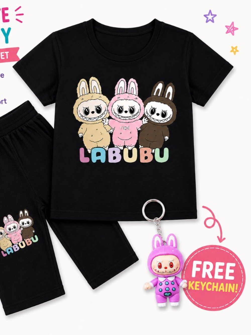 Kids 2Piece Cartoon Bunny Outfit Set | Soft T-Shirt & Long Pants | Free Keychain